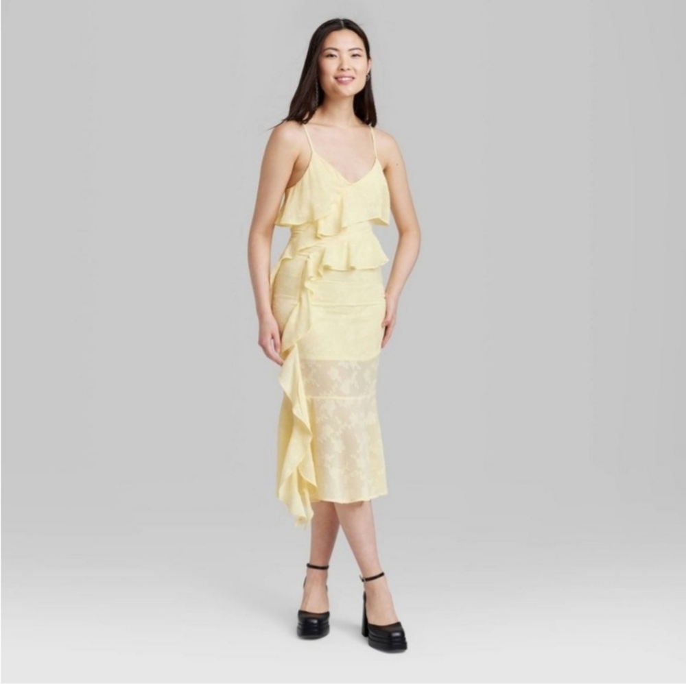 Wild Fable Yellow Lace Ruffles Layered Midi Dress